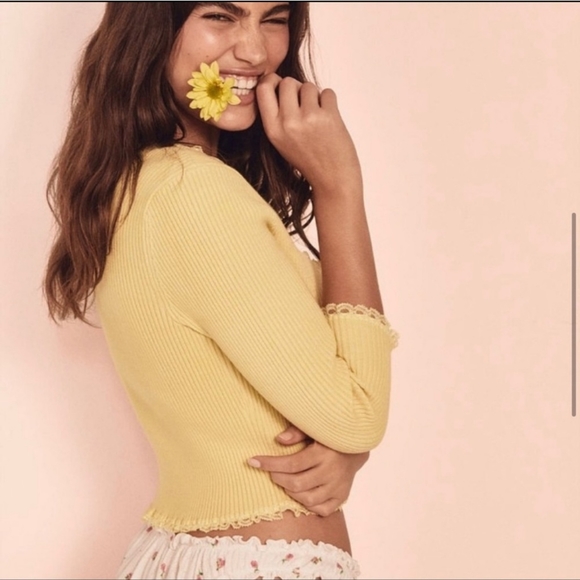 🍋For Love and Lemons Nina Ribbed Cropped Cardigan Top - Picture 2 of 8